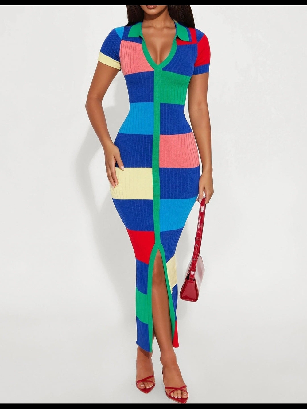Fashion Nova Colorblock Ribbed Knit Maxi Dress with Front Slit - Multicolor